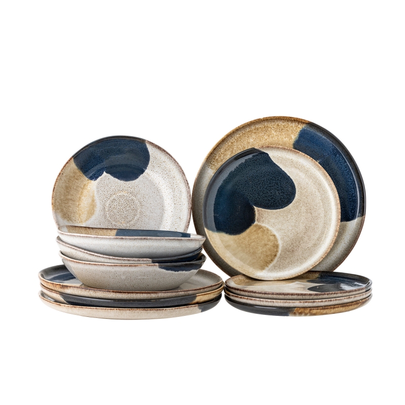 Bloomingville Jules tallerkens&aelig;t med 12 dele i bl&aring;t stent&oslash;j