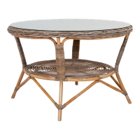 Larisa havebord Ø120cm i kubu rattan og bordpalde i glas