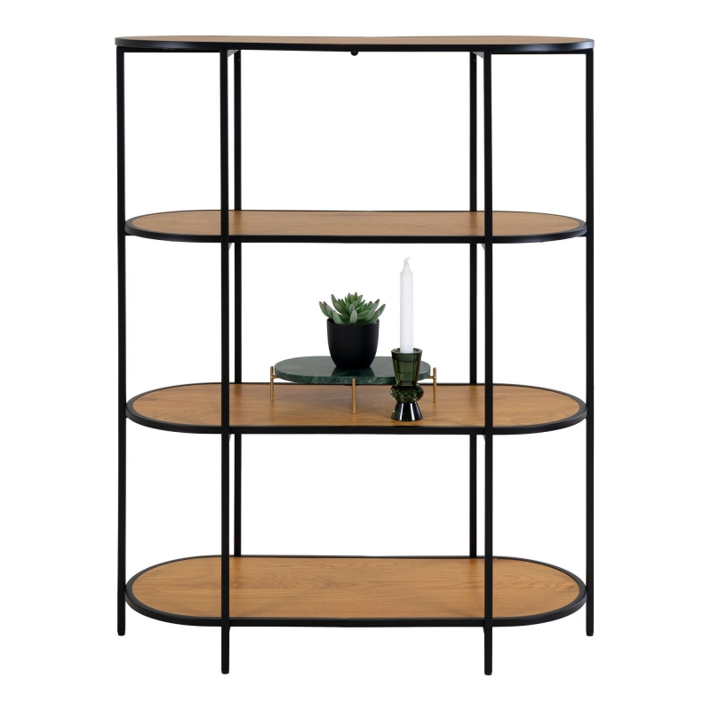 Vita reol oval med 4 hylder egetræslook og sort stel