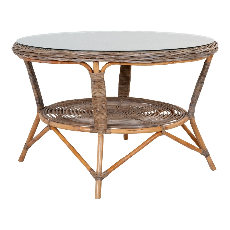 Larisa havebord Ø120cm i kubu rattan og bordpalde i glas