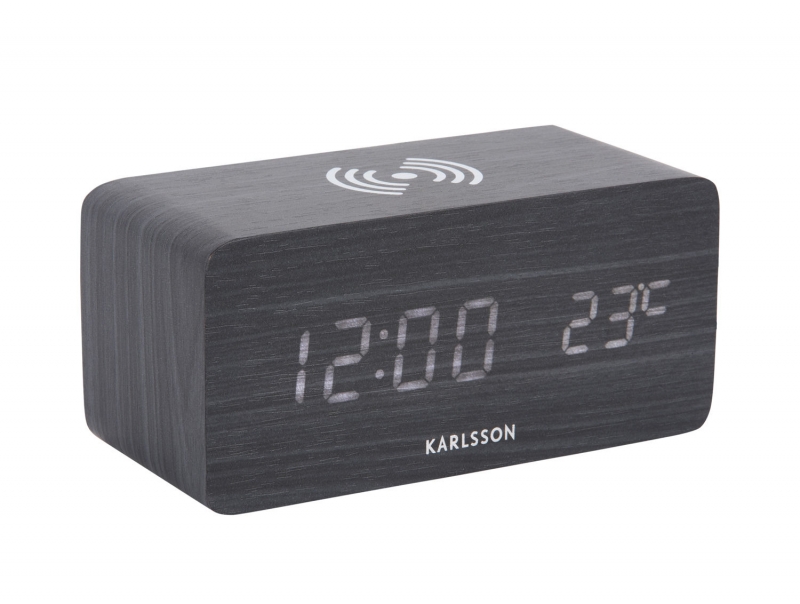 Karlsson Block vækkeur 15x7,1x7,4cm med telefonoplader sort