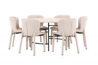 Copenhagen spisebord Ø140cm hvidpudset med 6 beige Astoria stole
