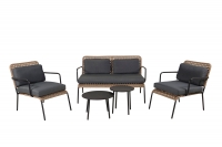 Paola sofagruppe med sofa 2 stole og 2 borde sort og natur
