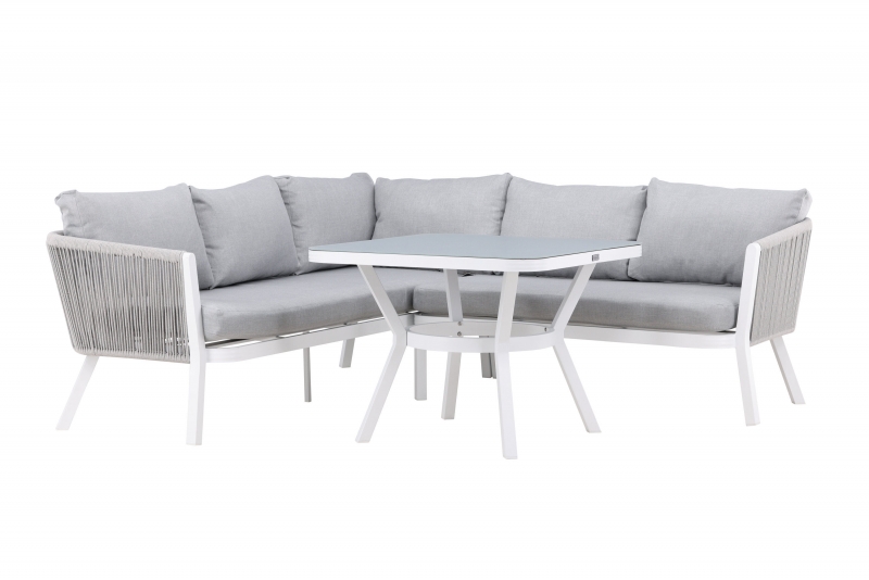Virya loungegruppe hjørnesofa med hynder og bord hvid og grå