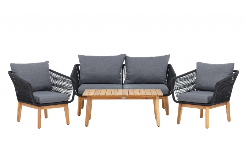 Chania loungesæt med sofa 2 stole og bord akacia og sort