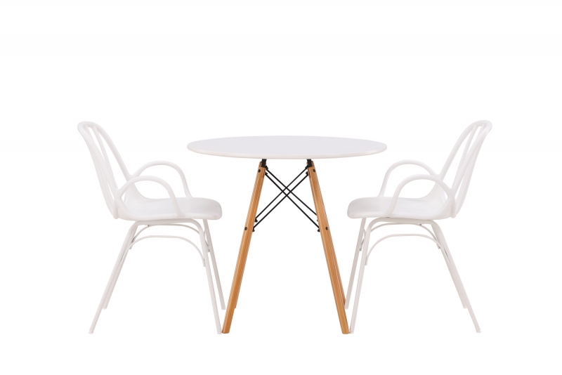 Danburi spisebordsæt Ø60cm hvid med træben og 2 hvide stole