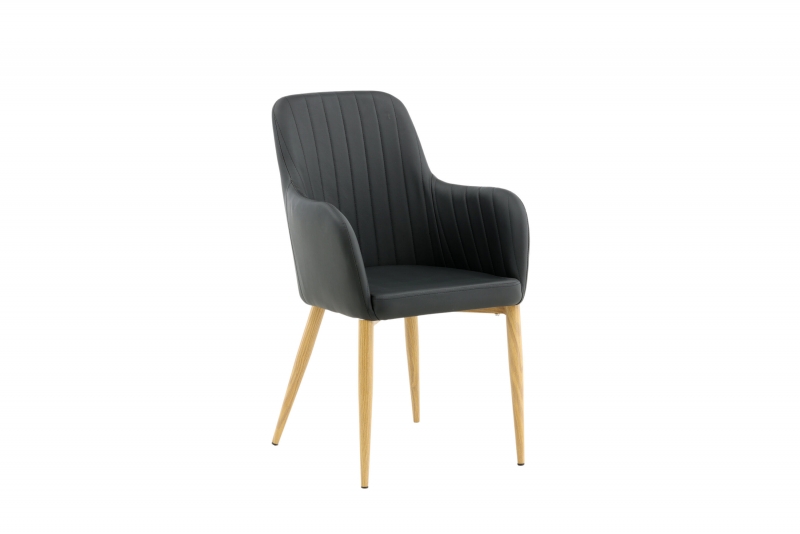 Comfort spisebordsstol sort kunstlæder med armlæn og træ stel