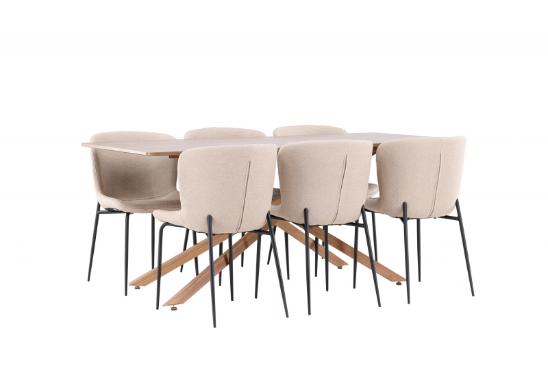 Piazza spisebordssæt 180x90cm i træ med 6 beige Modesto stole
