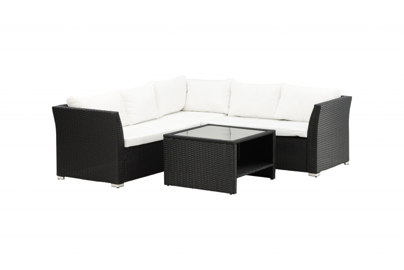 Haiti hjørne loungesofa med hvide hynder og bord i sort rattan