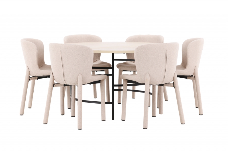 Copenhagen spisebord Ø140cm hvidpudset med 6 beige Astoria stole