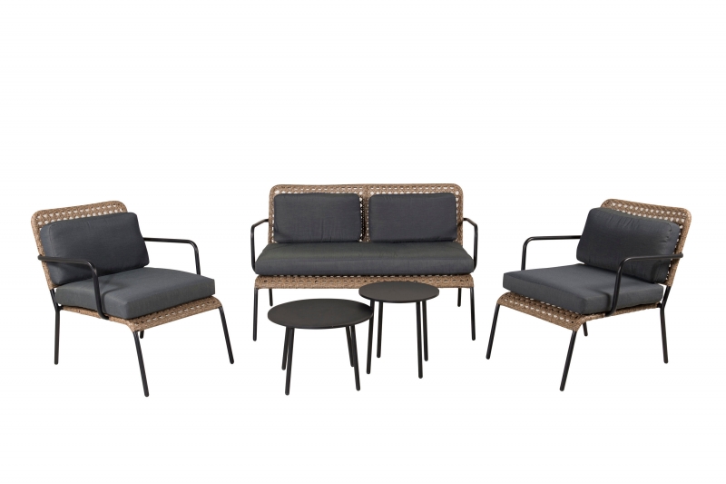 Paola sofagruppe med sofa 2 stole og 2 borde sort og natur