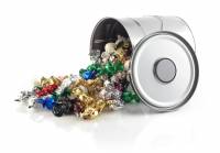 Chokoladekugler i sølv metalspand med Bluetooth højtaler 1700g