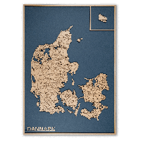 Danmarks kort i FSC certificeret træ 60x84cm blå