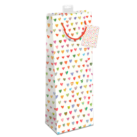 Gavepose til flaske hvid med farvede hjerter 12x10x39cm