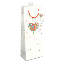 Gavepose til flaske hvid med hjerte buket 12x10x39cm