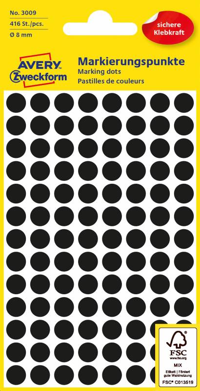 Avery 3009 etiket &Oslash;8mm sort