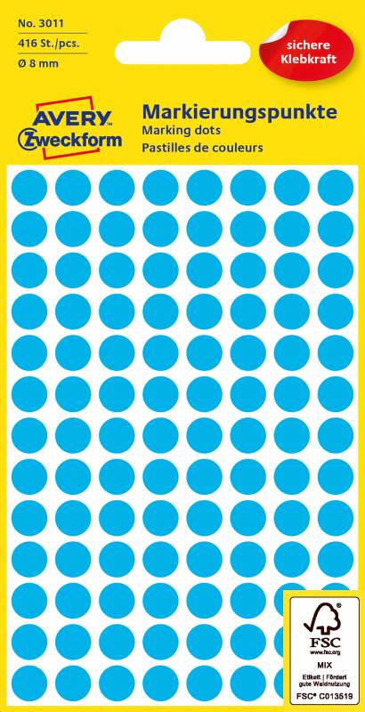 Avery 3011 etiketter &Oslash;8mm bl&aring;