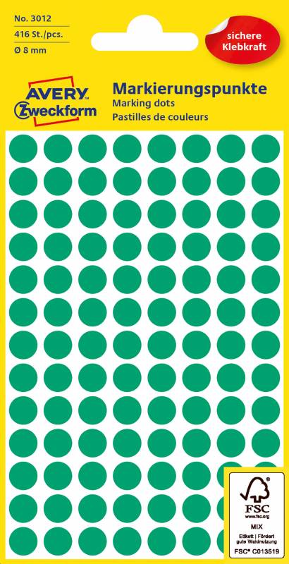 Avery 3012 etiketter &Oslash;8mm gr&oslash;n