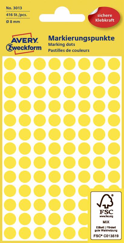 Avery 3013 etiketter &Oslash;8mm gul