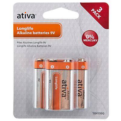Ativa New Alkaline 6LR61 E 9V Longlife batteri, pk med 3 stk