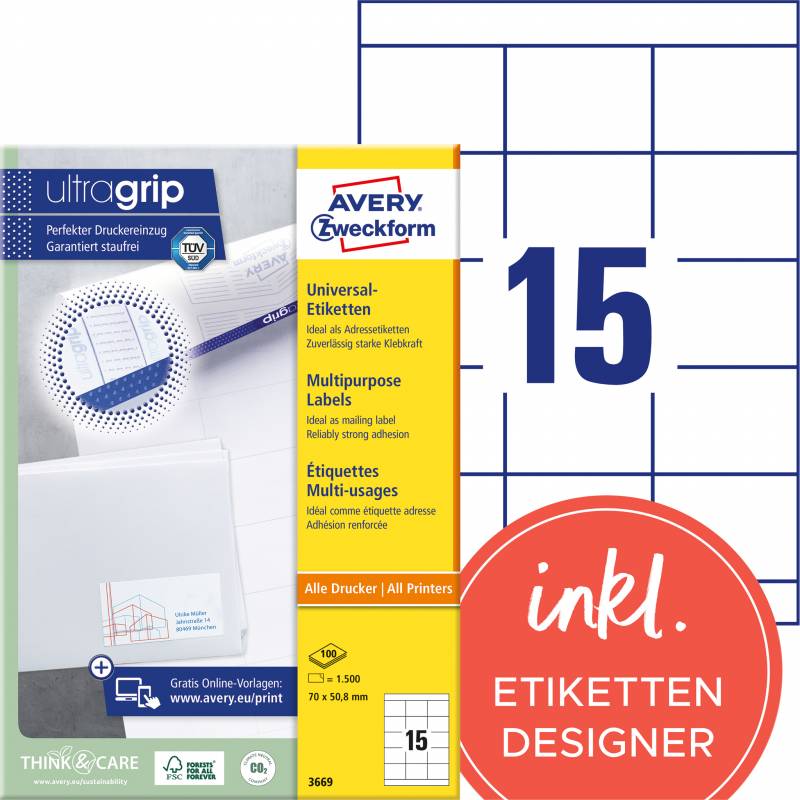 Avery 3669 Universaletiketter, 70 X 50,8 Mm, A4, Uden Lak, Hvid