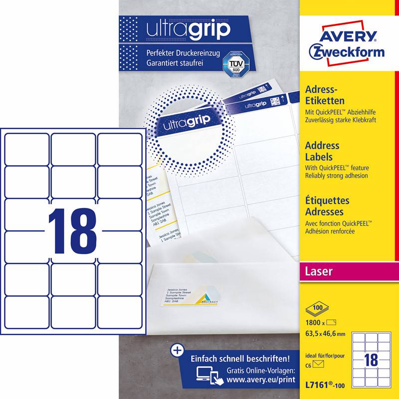 Avery L7161-100 Etiketter Med Quickpeel Og Ultragrip 63,5X46,6Mm