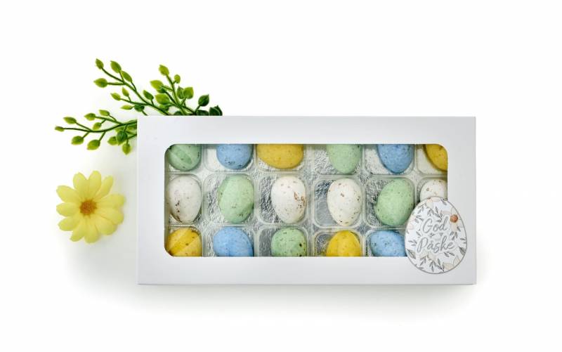 Bon Coca hvid rude&aelig;ske med 18 Belgiske Fugle&aelig;g 200g