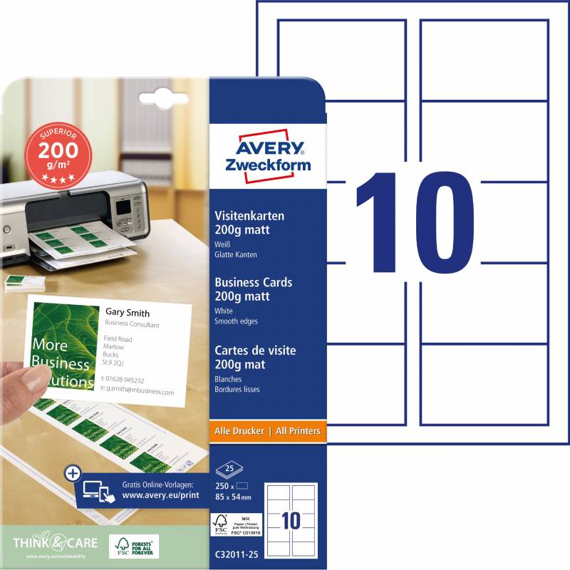 Avery visitkort 200g C32011-25 mat hvid