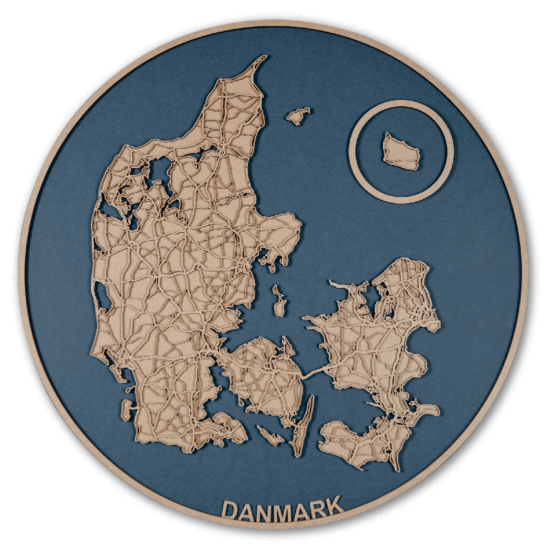 Danmarks kort i FSC certificeret træ Ø60cm blå