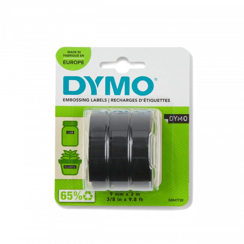 Dymo selvkl&aelig;bende tape 9mmx3m hvid p&aring; sort, 3 stk pakke