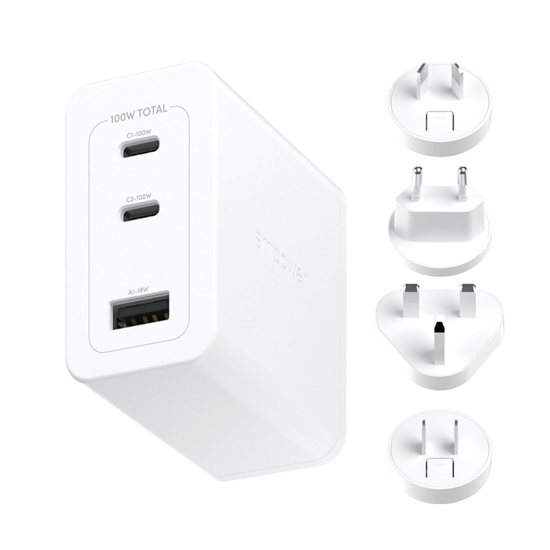 EMPOWER Turbo 100W World Travel Adaptor med 2x USB-C og USB-A hvid