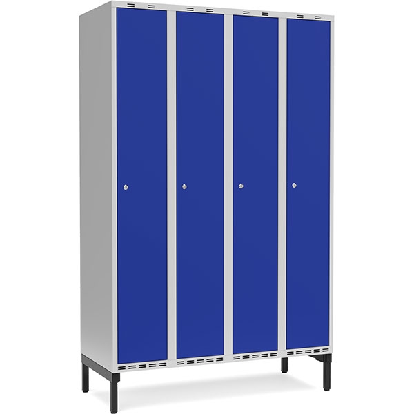 Garderobeskab med cylinderl&aring;s og benramme 4x300mm bl&aring;