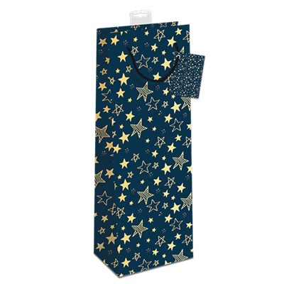 Gavepose til flaske blå med guld stjerner 12x10x39cm