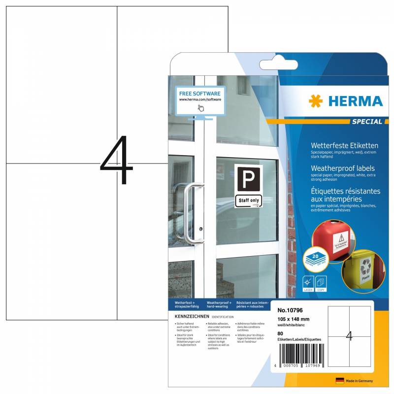 Herma etiket ekstra vejrbestandig 105x148, 20 ark med 4 etiketter