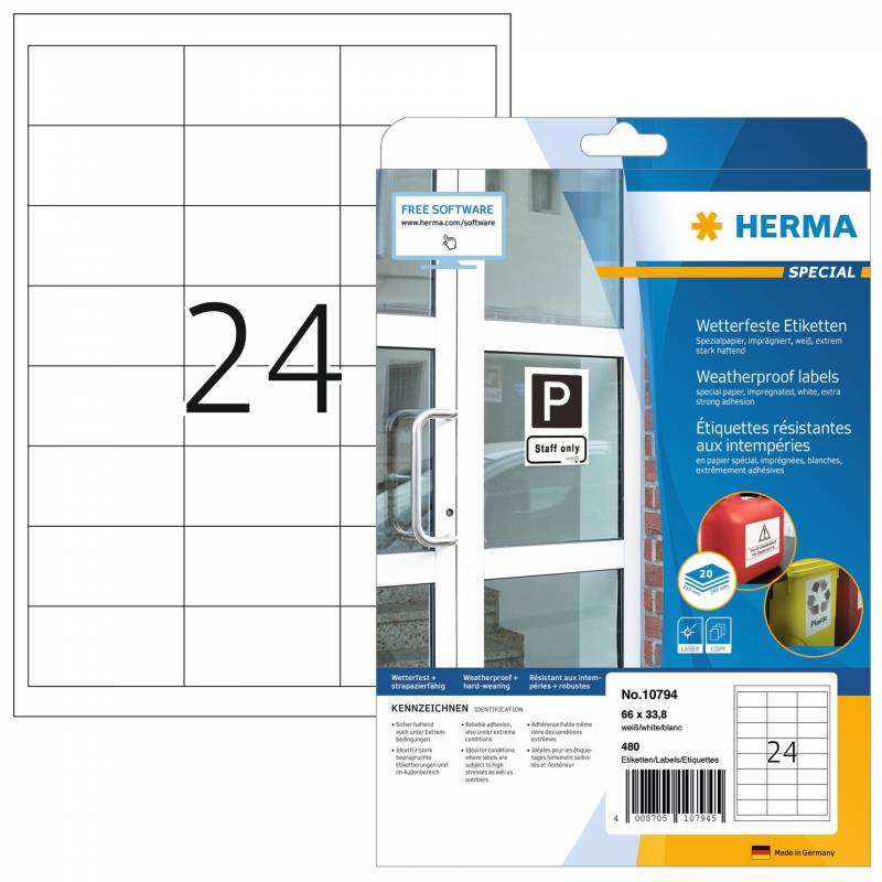 Herma etiket ekstra vejrbestandig 66x33,8, 20 ark med 24 etiketter