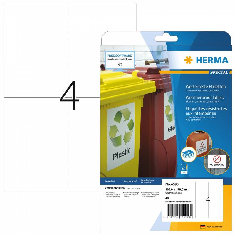 Herma etiket inkjet film ekstra st&aelig;rk 105X148 mat 10 ark - 4 etiketter