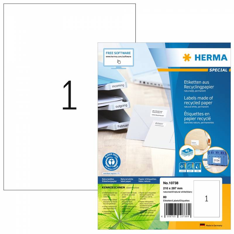Herma Etiket Recycled 210X297Mm, 1 Etiket Pr Ark, 80 Ark, Hvid