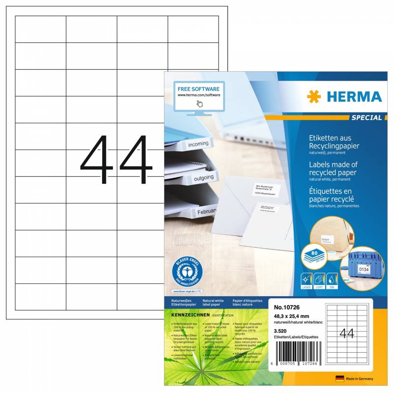Herma etiket recycled 48,3x25,4mm, 44 etiketter pr ark, 80 ark, hvid