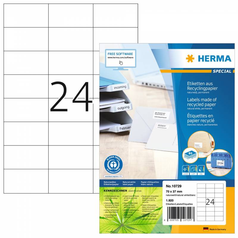 Herma etiket recycled 70x37mm, 24 etiketter pr ark, 80 ark, hvid