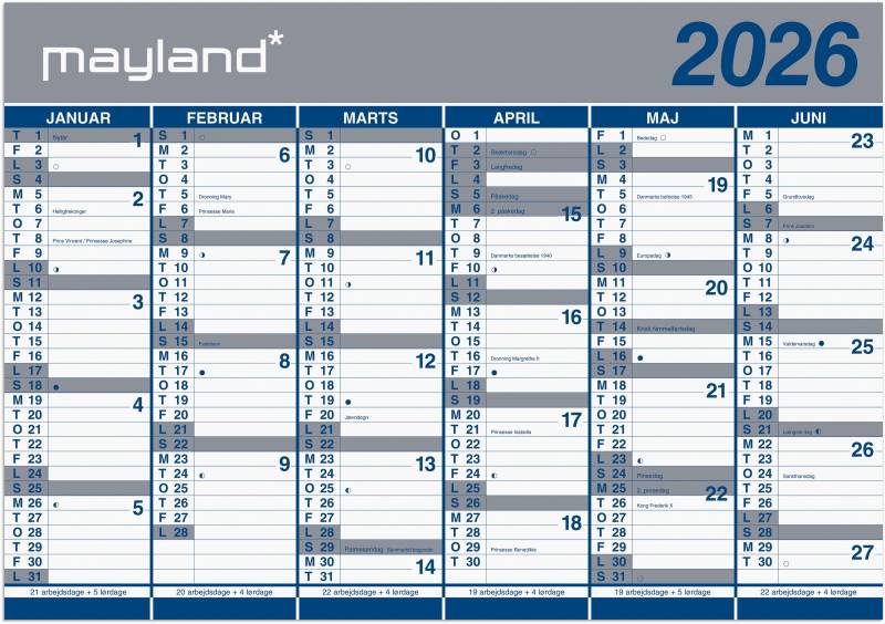 Mayland 2026 Kæmpekalender 2x6 måneder 100x70cm 26064000