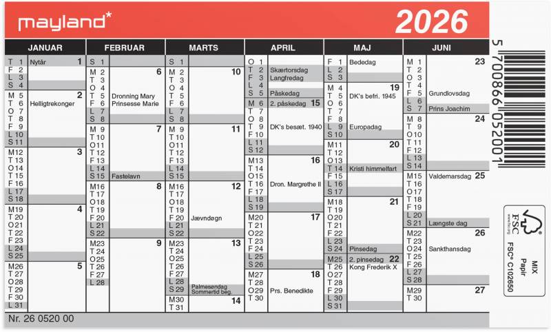 Mayland 2026 Mini kalender 11,7x7 cm 26052000