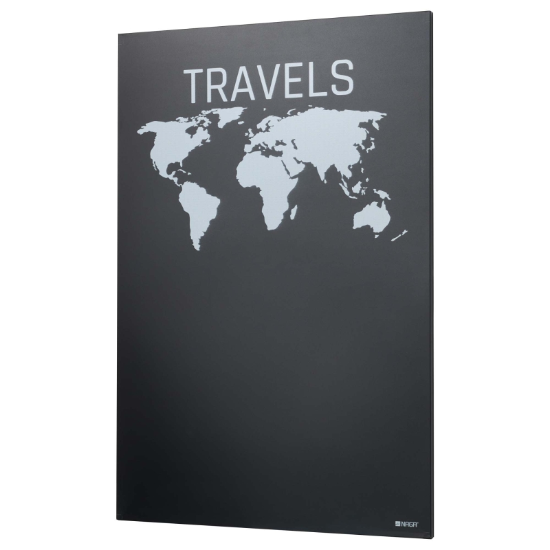 Naga Travels magnetisk kridttavle i st&aring;l 60x90cm med verdenskort
