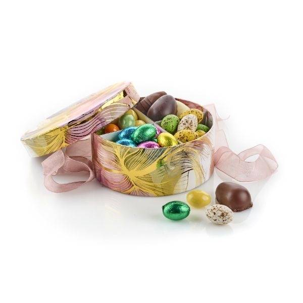 Påskeæg i rund hatteæske guld & lyserød med dansk chokolade 430g