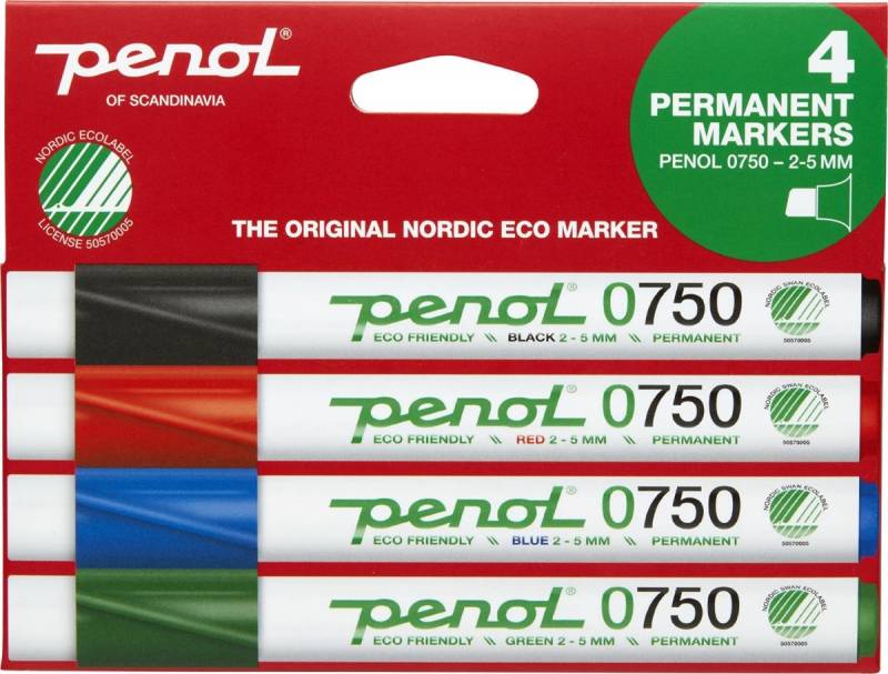 Penol marker 0750 2-5mm skrå spids, sæt med 4 stk