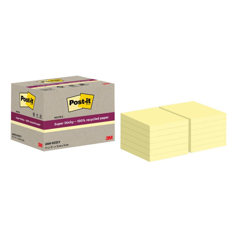 12 stk. Post-It Ss Recycled Canary Yellow 76X76 70Sider, 12 Stk Pakning