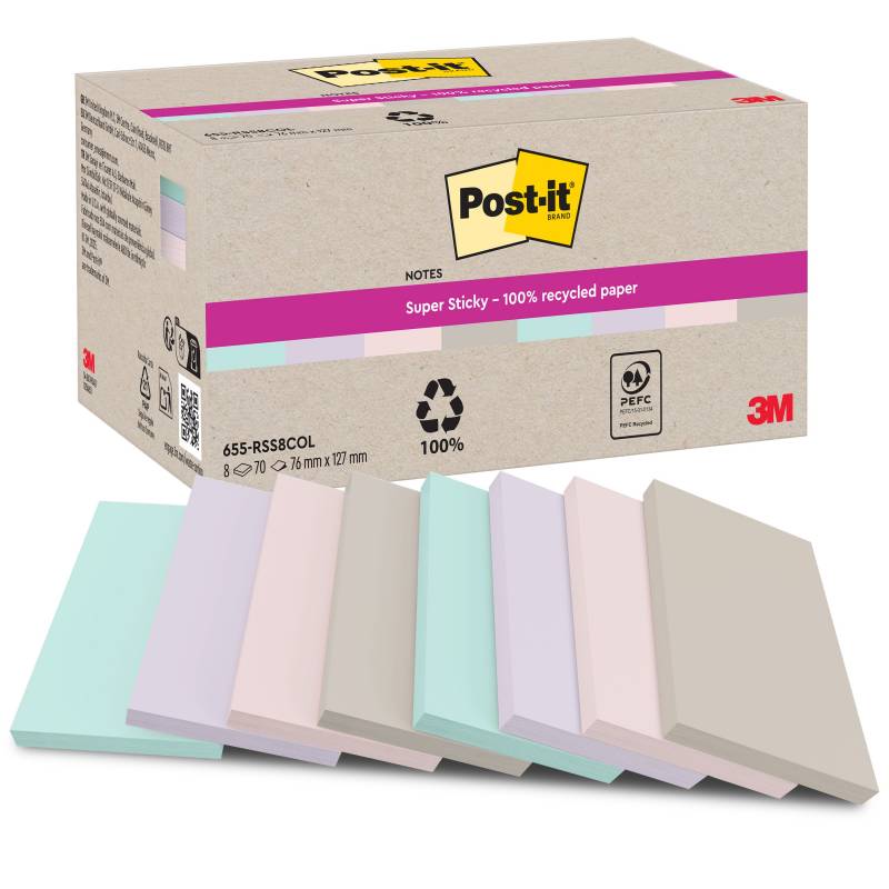 Post-it SS Recycled Mix colors 127x76 70sider, 8 stk pr pakning