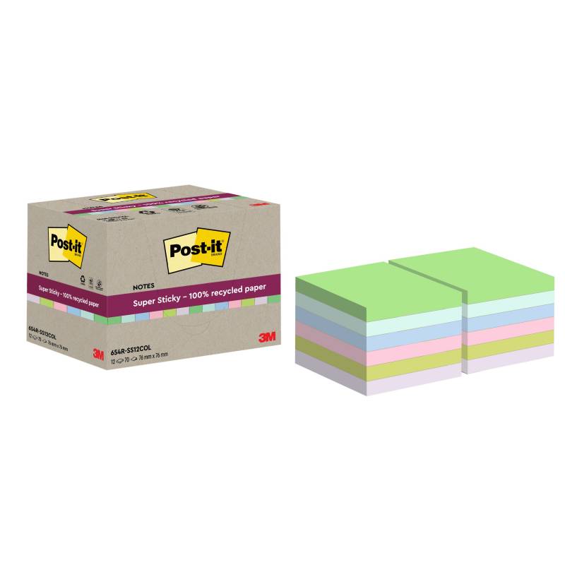 Post-it SS Recycled 76x76 70sider 12 stk pr pakke Mixet farver