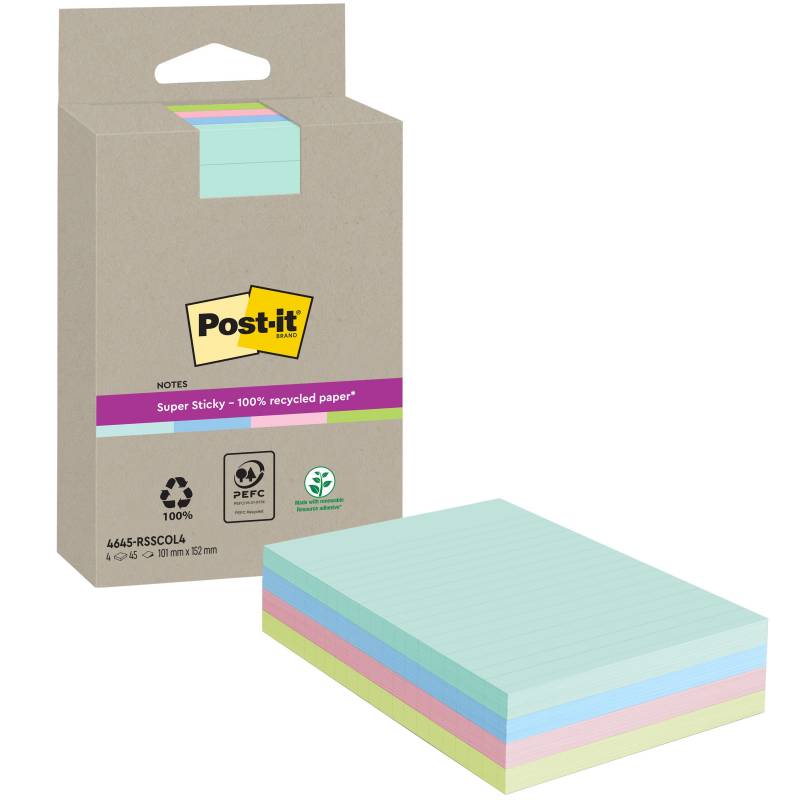 Post-it SS Recycled Mix colors ruled 102x152 45sider, 4 stk pr pakning