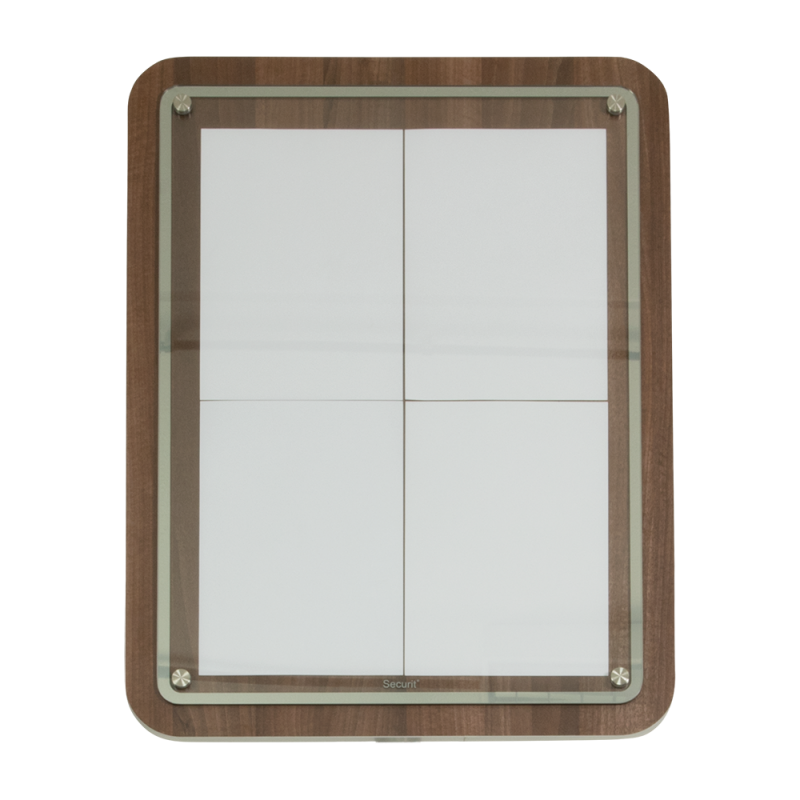 Securit informationsdisplay til 4xA4 glasplade på valnød board