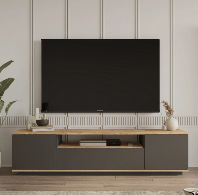 NORDVÄRK FR7 TV-bord, med 3 låger og 1 hylde natur-antracitgrå melamin